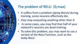 The problem of RELU (0,max)
• It suffers from a problem (dying ReLUs) during
training, some neurons effectively die.
• they stop outputting anything other than 0.
• In some cases, you may find that half of your
network’s neurons are dead training.
• To solve this problem, you may want to use a
variant of the ReLU function, such as the
leaky ReLU.
 