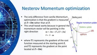 Nesterov Momentum optimization
▪ The only difference from vanilla Momentum
optimization is that the gradient is measured
at θ + βm rather than at θ.
▪ This small tweak works because in general the
momentum vector will be pointing in the
right direction
▪ where ∇1 represents the gradient of the cost
function measured at the starting point θ,
and ∇2 represents the gradient at the point
located at θ + βm)
 