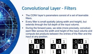 Convolutional Layer - Filters
▪ The CONV layer’s parameters consist of a set of learnable
filters.
▪ Every filter is small spatially (along width and height), but
extends through the full depth of the input volume.
▪ During the forward pass, we slide (more precisely, convolve)
each filter across the width and height of the input volume and
compute dot products between the entries of the filter and the
input at any position.
 