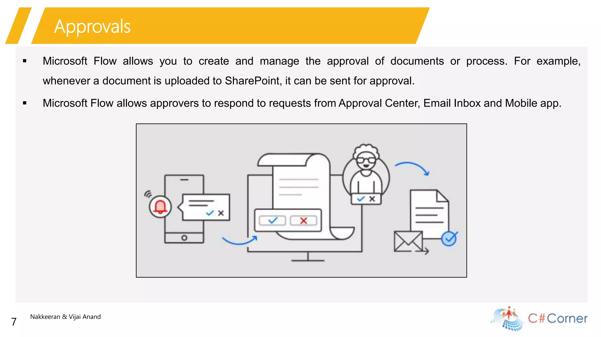 Nakkeeran & Vijai Anand
7
Approvals
 Microsoft Flow allows you to create and manage the approval of documents or process. For example,
whenever a document is uploaded to SharePoint, it can be sent for approval.
 Microsoft Flow allows approvers to respond to requests from Approval Center, Email Inbox and Mobile app.
 