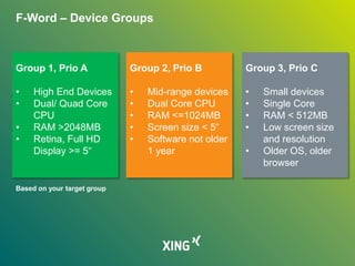 F-Word – Device Groups
Group 1, Prio A
• High End Devices
• Dual/ Quad Core
CPU
• RAM >2048MB
• Retina, Full HD
Display >= 5“
Group 2, Prio B
• Mid-range devices
• Dual Core CPU
• RAM <=1024MB
• Screen size < 5“
• Software not older
1 year
Group 3, Prio C
• Small devices
• Single Core
• RAM < 512MB
• Low screen size
and resolution
• Older OS, older
browser
Based on your target group
 