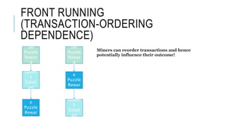 FRONT RUNNING
(TRANSACTION-ORDERING
DEPENDENCE)
Set
Puzzle
Rewar
d
Submi
t
Soluti
on
Updat
e
Puzzle
Rewar
d
Set
Puzzle
Rewar
d
Submi
t
Soluti
on
Updat
e
Puzzle
Rewar
d
Miners can reorder transactions and hence
potentially influence their outcome!
 