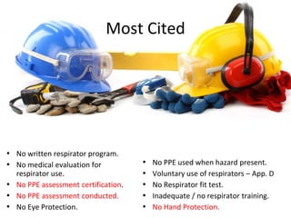 Most Cited
• No written respirator program.
• No medical evaluation for
respirator use.
• No PPE assessment certification.
• No PPE assessment conducted.
• No Eye Protection.
• No PPE used when hazard present.
• Voluntary use of respirators – App. D
• No Respirator fit test.
• Inadequate / no respirator training.
• No Hand Protection.
 