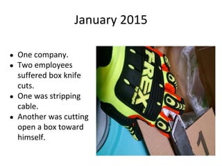 ● One company.
● Two employees
suffered box knife
cuts.
● One was stripping
cable.
● Another was cutting
open a box toward
himself.
January 2015
 