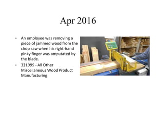Apr 2016
• An employee was removing a
piece of jammed wood from the
chop saw when his right-hand
pinky finger was amputated by
the blade.
• 321999 - All Other
Miscellaneous Wood Product
Manufacturing
 