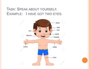 TASK: SPEAK ABOUT YOURSELF.
EXAMPLE: I HAVE GOT TWO EYES.
 