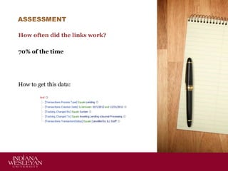 ASSESSMENT
How often did the links work?
70% of the time

How to get this data:

 