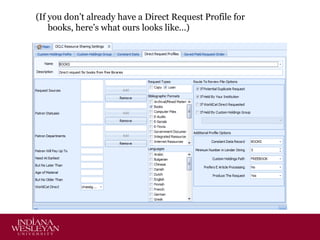 (If you don’t already have a Direct Request Profile for
books, here’s what ours looks like…)

 