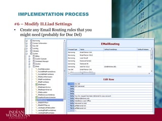 IMPLEMENTATION PROCESS
#6 – Modify ILLiad Settings
• Create any Email Routing rules that you
might need (probably for Doc Del)

 