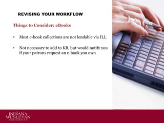 REVISING YOUR WORKFLOW
Things to Consider: eBooks
•

Most e-book collections are not lendable via ILL

•

Not necessary to add to KB, but would notify you
if your patrons request an e-book you own

 