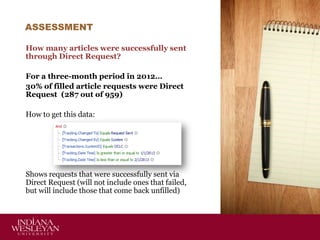 ASSESSMENT
How many articles were successfully sent
through Direct Request?
For a three-month period in 2012…
30% of filled article requests were Direct
Request (287 out of 959)
How to get this data:

Shows requests that were successfully sent via
Direct Request (will not include ones that failed,
but will include those that come back unfilled)

 