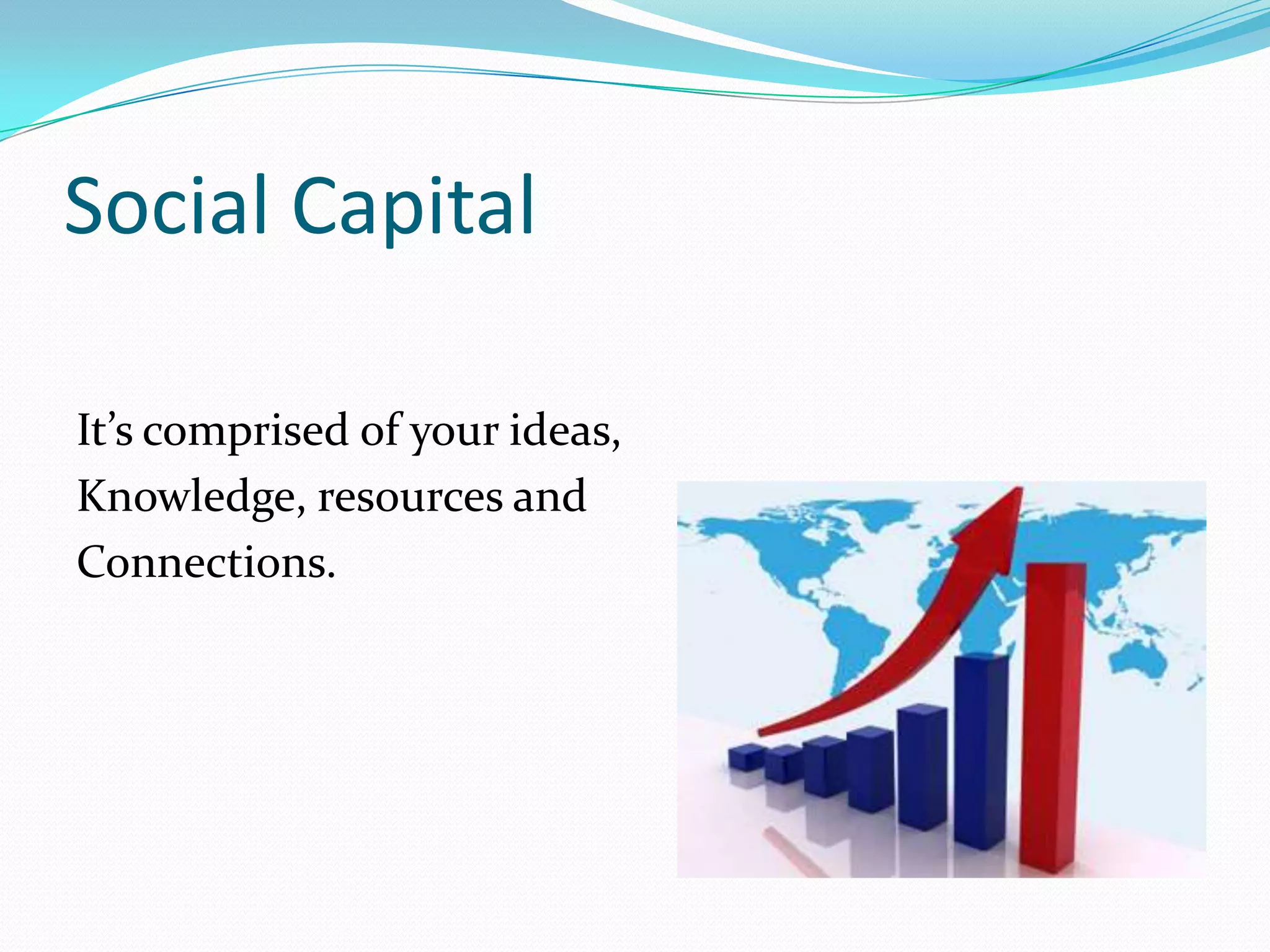 Social Capital

It’s comprised of your ideas,
Knowledge, resources and
Connections.
 