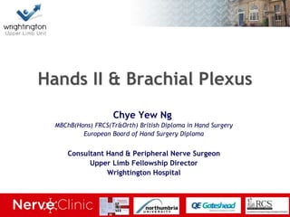 Hands II & Brachial Plexus
Chye Yew Ng
MBChB(Hons) FRCS(Tr&Orth) British Diploma in Hand Surgery
European Board of Hand Surgery Diploma
Consultant Hand & Peripheral Nerve Surgeon
Upper Limb Fellowship Director
Wrightington Hospital
 