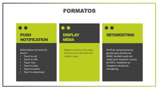 FORMATOS
PUSH
NOTIFICATION
RETARGETINGDISPLAY
MÍDIA
Mídia Nativa na home do
device:
• Touch to call
• Touch to URL
• Traçar rota
• Touch to play
• Type to answer
• Touch to download
Engajar usuários com peças
interativas em formato rich
media in app.
Perfil de comportamento
gerado pela plataforma
MDM, também pode ser
usado para impactar usuário
de DSP’s, Facebook ou
Instagram através de
retargeting.
 