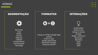ADMAG
SEGMENTAÇÃO FORMATOS INTERAÇÕES
Bem-estar
Casa
Mulher
Homem
Negócios
Lifestyle
Entretenimento
Conhecimento
Tecnologia
Peças em HTML5 (Single Page
portrait)
Cinta na capa
Edição patrocinada
Mini Book interativo
Patrocinio de APP
Aceleromêtro
Acesso á foto
Acesso à camera
Arrastar
Single / multi touch
Giroscopio
Microfone
Video
Áudio
GPS
 