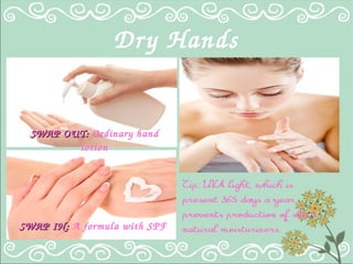 Dry Hands
SWAP OUT:SWAP OUT: Ordinary hand 
lotion
SWAP IN:SWAP IN: A formula with SPF
Tip: UVA light, which is
present 365 days a year,
prevents production of skin's
natural moisturizers.
 
