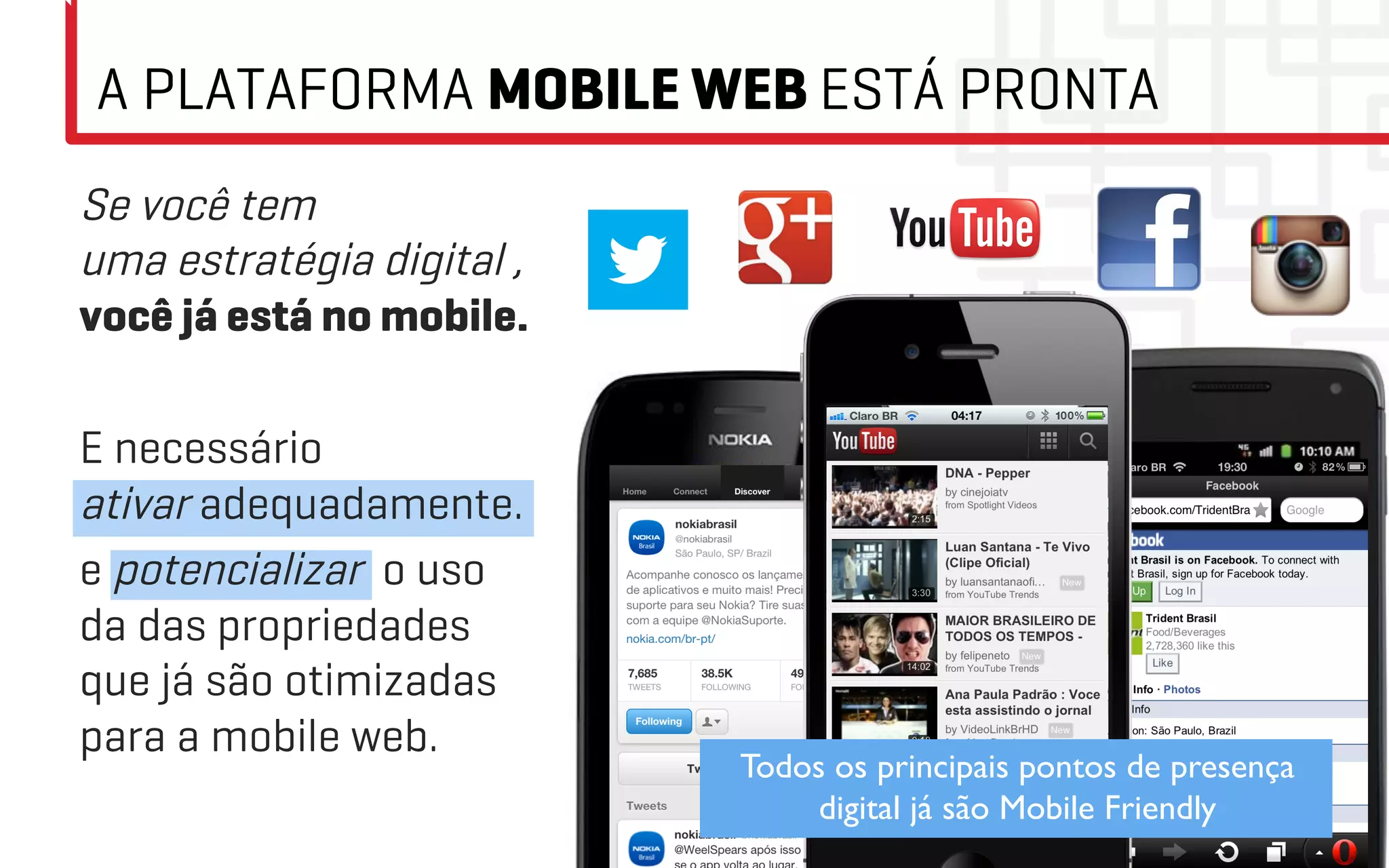 A PLATAFORMA MOBILE WEB ESTÁ PRONTA

Se você tem uma estratégia digital ,
você já está no mobile.

As principais plataformas digitais
são mobile friendly, ou seja,
estão prontas para o mobile.

É necessário ativar e potencializar
o uso das propriedades que já são
otimizadas para a mobile web,
com mídia mobile.
                                       Todos os principais pontos de presença
                                            digital já são Mobile Friendly	

 