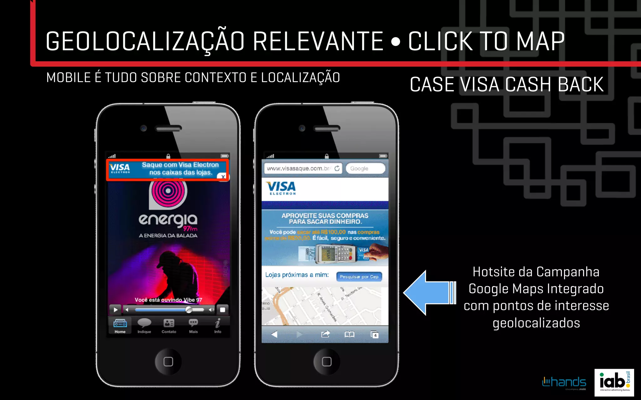 GEOLOCALIZAÇÃO RELEVANTE ∫ CLICK TO MAP
MOBILE É TUDO SOBRE CONTEXTO E LOCALIZAÇÃO
                                             CASE VISA CASH BACK




                                                   Hotsite da Campanha
                                                   Google Maps Integrado
                                                  com pontos de interesse
                                                      geolocalizados	

 
