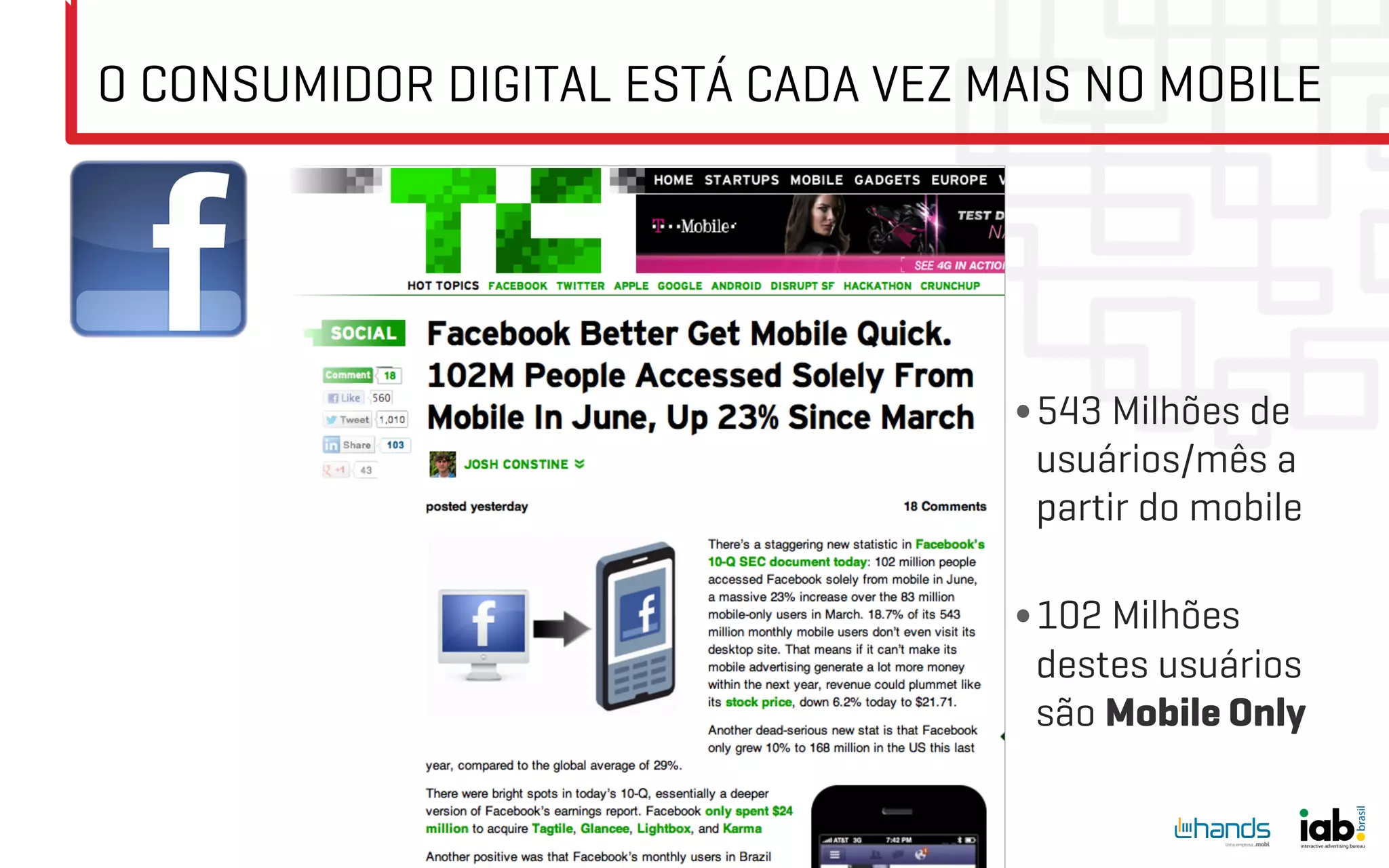 O CONSUMIDOR DIGITAL ESTÁ CADA VEZ MAIS NO MOBILE




                                    • 543 Milhões de
                                     usuários/mês a
                                     partir do mobile

                                    • 102 Milhões
                                     destes usuários
                                     são Mobile Only
 