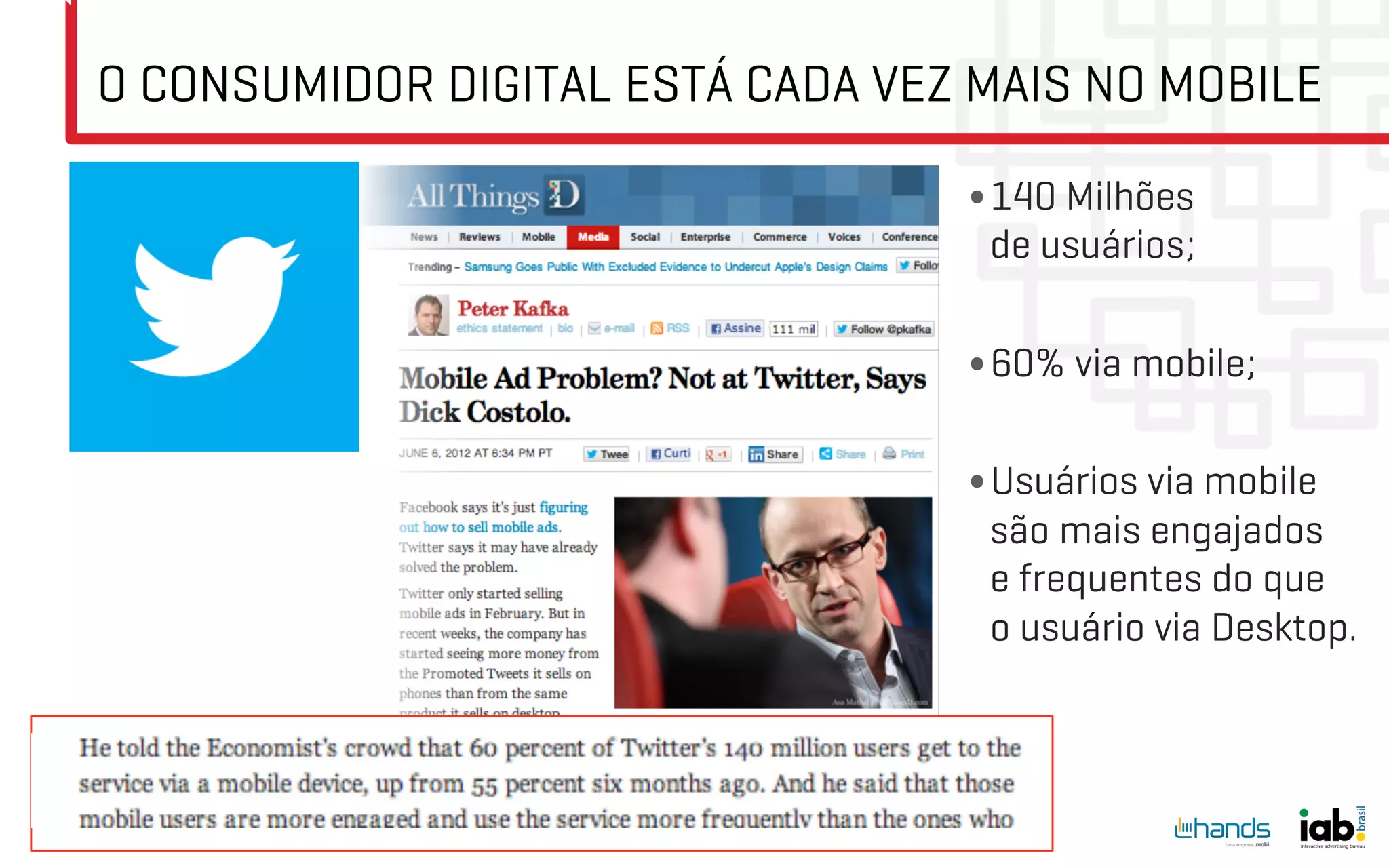 O CONSUMIDOR DIGITAL ESTÁ CADA VEZ MAIS NO MOBILE

                                  • 140 Milhões
                                   de usuários;

                                  • 60% via mobile;

                                  • Usuários via mobile
                                   são mais engajados
                                   e frequentes do que
                                   o usuário via Desktop.
 