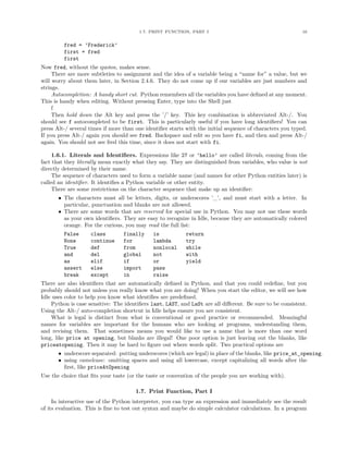 1.7. PRINT FUNCTION, PART I                                         16


         fred = ’Frederick’
         first = fred
         first
Now fred, without the quotes, makes sense.
     There are more subtleties to assignment and the idea of a variable being a “name for” a value, but we
will worry about them later, in Section 2.4.6. They do not come up if our variables are just numbers and
strings.
     Autocompletion: A handy short cut. Python remembers all the variables you have deﬁned at any moment.
This is handy when editing. Without pressing Enter, type into the Shell just
     f
     Then hold down the Alt key and press the ’/’ key. This key combination is abbreviated Alt-/. You
should see f autocompleted to be first. This is particularly useful if you have long identiﬁers! You can
press Alt-/ several times if more than one identiﬁer starts with the initial sequence of characters you typed.
If you press Alt-/ again you should see fred. Backspace and edit so you have fi, and then and press Alt-/
again. You should not see fred this time, since it does not start with fi.

     1.6.1. Literals and Identiﬁers. Expressions like 27 or ’hello’ are called literals, coming from the
fact that they literally mean exactly what they say. They are distinguished from variables, who value is not
directly determined by their name.
     The sequence of characters used to form a variable name (and names for other Python entities later) is
called an identiﬁer. It identiﬁes a Python variable or other entity.
     There are some restrictions on the character sequence that make up an identiﬁer:
       • The characters must all be letters, digits, or underscores ’_’, and must start with a letter. In
         particular, punctuation and blanks are not allowed.
       • There are some words that are reserved for special use in Python. You may not use these words
         as your own identiﬁers. They are easy to recognize in Idle, because they are automatically colored
         orange. For the curious, you may read the full list:
         False      class         finally     is           return
         None       continue      for         lambda       try
         True       def           from        nonlocal     while
         and        del           global      not          with
         as         elif          if          or           yield
         assert     else          import      pass
         break      except        in          raise
There are also identiﬁers that are automatically deﬁned in Python, and that you could redeﬁne, but you
probably should not unless you really know what you are doing! When you start the editor, we will see how
Idle uses color to help you know what identiﬁes are predeﬁned.
    Python is case sensitive: The identiﬁers last, LAST, and LaSt are all diﬀerent. Be sure to be consistent.
Using the Alt-/ auto-completion shortcut in Idle helps ensure you are consistent.
    What is legal is distinct from what is conventional or good practice or recommended. Meaningful
names for variables are important for the humans who are looking at programs, understanding them,
and revising them. That sometimes means you would like to use a name that is more than one word
long, like price at opening, but blanks are illegal! One poor option is just leaving out the blanks, like
priceatopening. Then it may be hard to ﬁgure out where words split. Two practical options are
       • underscore separated: putting underscores (which are legal) in place of the blanks, like price_at_opening.
       • using camelcase: omitting spaces and using all lowercase, except capitalizing all words after the
         ﬁrst, like priceAtOpening
Use the choice that ﬁts your taste (or the taste or convention of the people you are working with).

                                       1.7. Print Function, Part I
     In interactive use of the Python interpreter, you can type an expression and immediately see the result
of its evaluation. This is ﬁne to test out syntax and maybe do simple calculator calculations. In a program
 