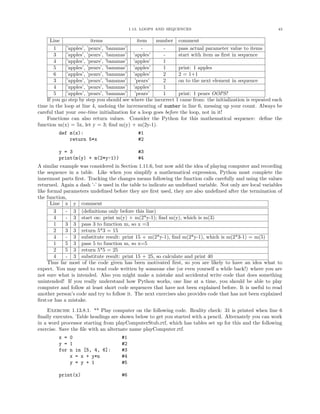 1.13. LOOPS AND SEQUENCES                                         43


      Line                items               item    number comment
        1    [’apples’, ’pears’, ’bananas’]     -        -      pass actual parameter value to items
        3    [’apples’, ’pears’, ’bananas’] ’apples’     -      start with item as ﬁrst in sequence
        4    [’apples’, ’pears’, ’bananas’] ’apples’     1
        5    [’apples’, ’pears’, ’bananas’] ’apples’     1      print: 1 apples
        6    [’apples’, ’pears’, ’bananas’] ’apples’     2      2 = 1+1
        3    [’apples’, ’pears’, ’bananas’] ’pears’      2      on to the next element in sequence
        4    [’apples’, ’pears’, ’bananas’] ’apples’     1
        5    [’apples’, ’pears’, ’bananas’] ’pears’      1      print: 1 pears OOPS!
    If you go step by step you should see where the incorrect 1 came from: the initialization is repeated each
time in the loop at line 4, undoing the incrementing of number in line 6, messing up your count. Always be
careful that your one-time initialization for a loop goes before the loop, not in it!
    Functions can also return values. Consider the Python for this mathematical sequence: deﬁne the
function m(x) = 5x, let y = 3; ﬁnd m(y) + m(2y-1).
         def m(x):                           #1
             return 5*x                      #2

         y = 3                               #3
         print(m(y) + m(2*y-1))              #4
A similar example was considered in Section 1.11.6, but now add the idea of playing computer and recording
the sequence in a table. Like when you simplify a mathematical expression, Python must complete the
innermost parts ﬁrst. Tracking the changes means following the function calls carefully and using the values
returned. Again a dash ’-’ is used in the table to indicate an undeﬁned variable. Not only are local variables
like formal parameters undeﬁned before they are ﬁrst used, they are also undeﬁned after the termination of
the function,
      Line x y comment
        3    - 3 (deﬁnitions only before this line)
        4    - 3 start on: print m(y) + m(2*y-1); ﬁnd m(y), which is m(3)
        1    3 3 pass 3 to function m, so x =3
        2    3 3 return 5*3 = 15
        4    - 3 substitute result: print 15 + m(2*y-1), ﬁnd m(2*y-1), which is m(2*3-1) = m(5)
        1    5 3 pass 5 to function m, so x=5
        2    5 3 return 5*5 = 25
        4    - 3 substitute result: print 15 + 25, so calculate and print 40
     Thus far most of the code given has been motivated ﬁrst, so you are likely to have an idea what to
expect. You may need to read code written by someone else (or even yourself a while back!) where you are
not sure what is intended. Also you might make a mistake and accidental write code that does something
unintended! If you really understand how Python works, one line at a time, you should be able to play
computer and follow at least short code sequences that have not been explained before. It is useful to read
another person’s code and try to follow it. The next exercises also provides code that has not been explained
ﬁrst:or has a mistake.
    Exercise 1.13.8.1. ** Play computer on the following code. Reality check: 31 is printed when line 6
ﬁnally executes. Table headings are shown below to get you started with a pencil. Alternately you can work
in a word processor starting from playComputerStub.rtf, which has tables set up for this and the following
exercise. Save the ﬁle with an alternate name playComputer.rtf.
         x = 0                       #1
         y = 1                       #2
         for n in [5, 4, 6]:         #3
             x = x + y*n             #4
             y = y + 1               #5

         print(x)                    #6
 
