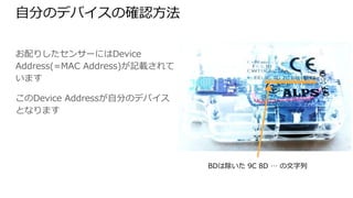 自分のデバイスの確認方法
お配りしたセンサーにはDevice
Address(=MAC Address)が記載されていま
す
このDevice Addressが自分のデバイスとな
ります
BDは除いた 9C 8D … の文字列
 