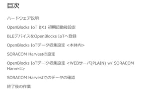 目次
ハードウェア説明
OpenBlocks IoT BX1 初期起動後設定
BLEデバイスをOpenBlocks IoTへ登録
OpenBlocks IoTデータ収集設定 <本体内>
SORACOM Harvestの設定
OpenBlocks IoTデータ収集設定 <WEBサーバ(PLAIN) w/ SORACOM Harvest>
SORACOM Harvestでのデータの確認
終了後の作業
 