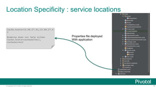 © Copyright 2014 Pivotal. All rights reserved. 16
Location Specificity : service locations
Cache.hosts=10.68.27.41,10.68.27.4
2
#naming does not help either
Cache.hosts=cacheserver1,
cacheserver2
Properties file deployed
With application
 