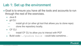 ‹#›© 2014 Pivotal Software, Inc. All rights reserved.
Lab 1: Set up the environment
• Goal is to ensure you have all the tools and accounts to run
through the rest of the exercises.
• Java 8
• git CLI
— install git cli (or other git tool that allows you to clone repo)
— clone the repository locally.
• CF CLI
— install CF CLI to allow you to interact with PCF
• Build code - ./gradlew build - could take sometime…
 