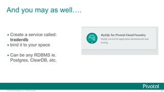 ‹#›© 2014 Pivotal Software, Inc. All rights reserved.
And you may as well….
• Create a service called:
traderdb
• bind it to your space
• Can be any RDBMS ie.
Postgres, ClearDB, etc.
 