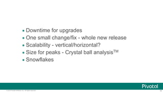 ‹#›© 2014 Pivotal Software, Inc. All rights reserved.
• Downtime for upgrades
• One small change/fix - whole new release
• Scalability - vertical/horizontal?
• Size for peaks - Crystal ball analysisTM
• Snowflakes
 