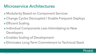 © Copyright 2014 Pivotal. All rights reserved. 20
Microservice Architectures
• Modularity Based on Component Services
• Ch...
