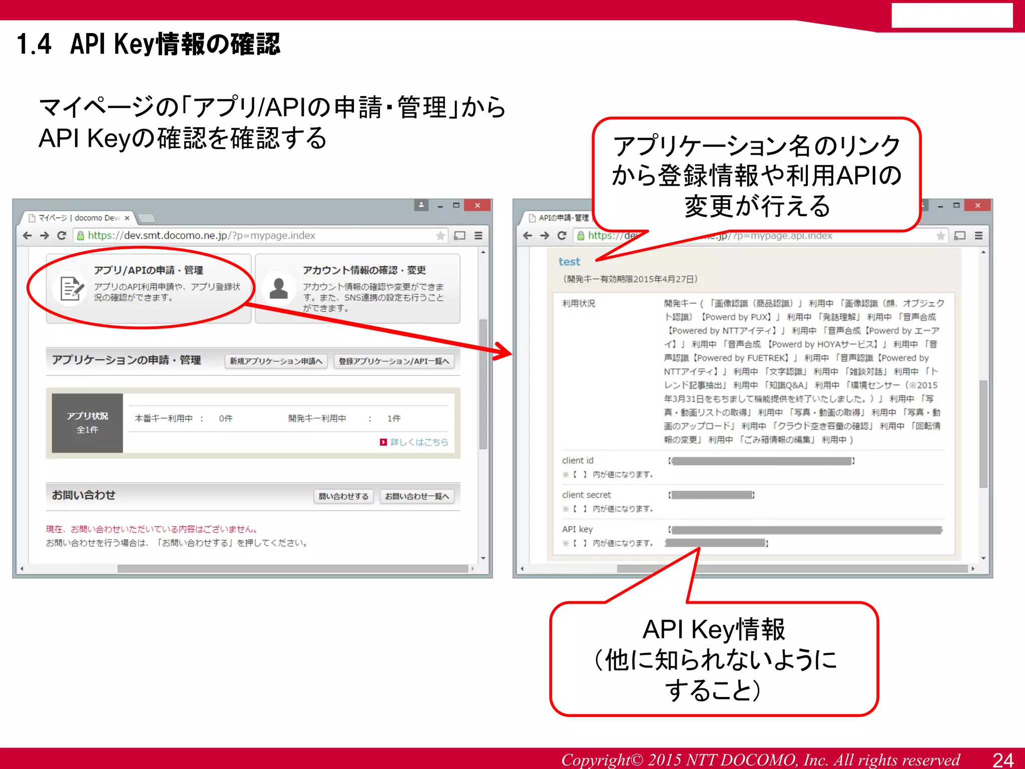 Copyright© 2015 NTT DOCOMO, Inc. All rights reserved
マイページの「アプリ/APIの申請・管理」から
API Keyの確認を確認する アプリケーション名のリンク
から登録情報や利用APIの
変更が行える
API Key情報
（他に知られないように
すること）
1.4 API Key情報の確認
24
 