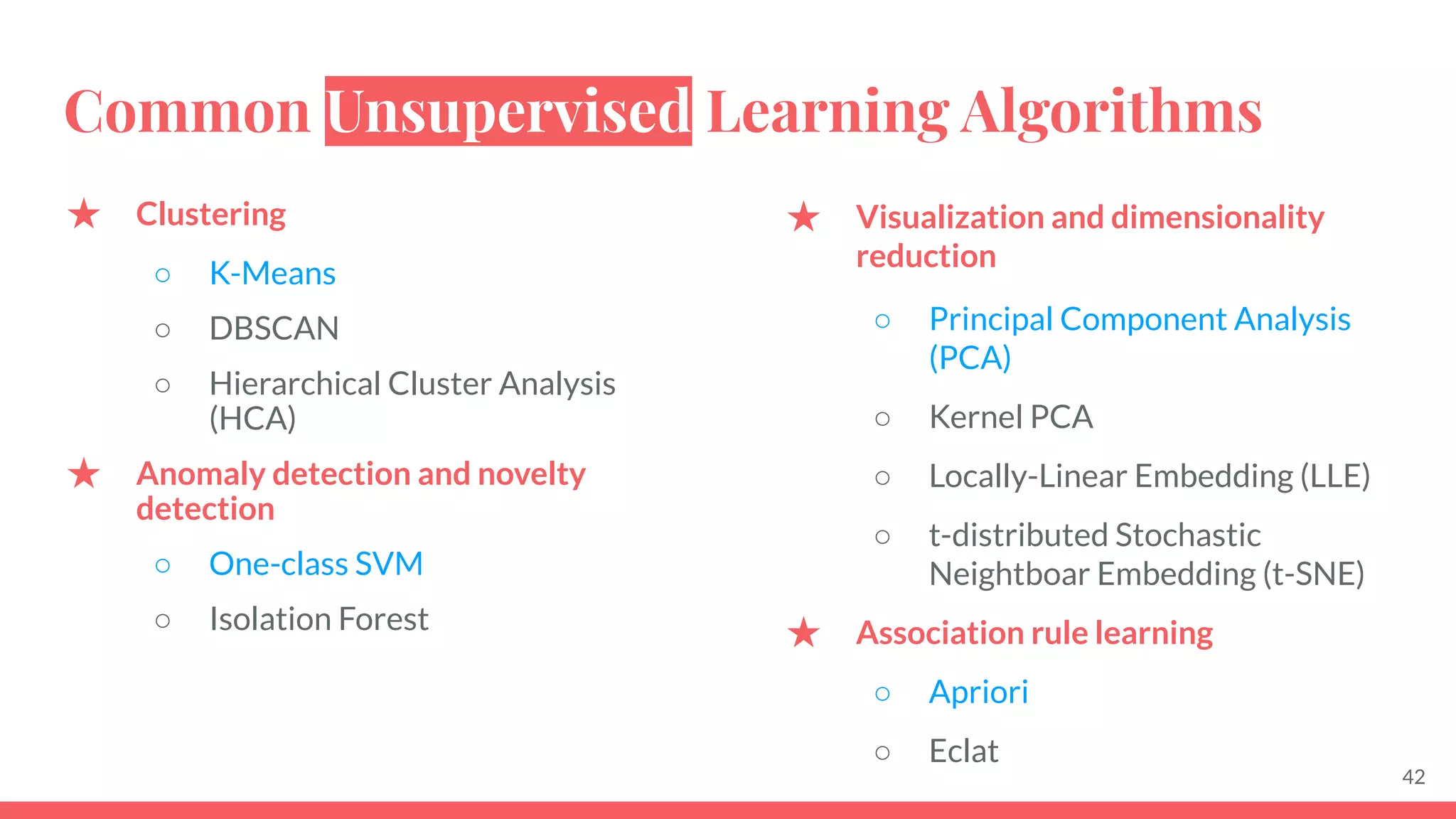 Common Unsupervised Learning Algorithms
42
★ Clustering
○ K-Means
○ DBSCAN
○ Hierarchical Cluster Analysis
(HCA)
★ Anomaly detection and novelty
detection
○ One-class SVM
○ Isolation Forest
★ Visualization and dimensionality
reduction
○ Principal Component Analysis
(PCA)
○ Kernel PCA
○ Locally-Linear Embedding (LLE)
○ t-distributed Stochastic
Neightboar Embedding (t-SNE)
★ Association rule learning
○ Apriori
○ Eclat
 