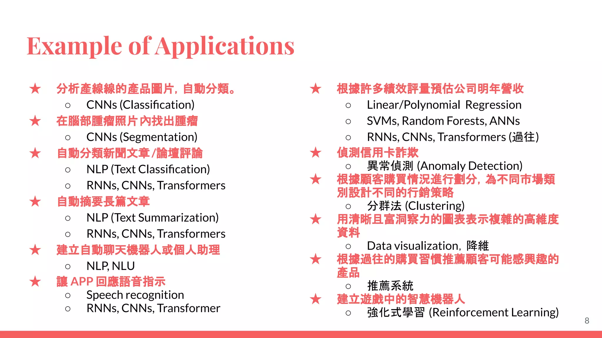 Example of Applications
★ 分析產線線的產品圖片，自動分類。
○ CNNs (Classiﬁcation)
★ 在腦部腫瘤照片內找出腫瘤
○ CNNs (Segmentation)
★ 自動分類新聞文章/論壇評論
○ NLP (Text Classiﬁcation)
○ RNNs, CNNs, Transformers
★ 自動摘要長篇文章
○ NLP (Text Summarization)
○ RNNs, CNNs, Transformers
★ 建立自動聊天機器人或個人助理
○ NLP, NLU
★ 讓 APP 回應語音指示
○ Speech recognition
○ RNNs, CNNs, Transformer
★ 根據許多績效評量預估公司明年營收
○ Linear/Polynomial Regression
○ SVMs, Random Forests, ANNs
○ RNNs, CNNs, Transformers (過往)
★ 偵測信用卡詐欺
○ 異常偵測 (Anomaly Detection)
★ 根據顧客購買情況進行劃分，為不同市場類
別設計不同的行銷策略
○ 分群法 (Clustering)
★ 用清晰且富洞察力的圖表表示複雜的高維度
資料
○ Data visualization，降維
★ 根據過往的購買習慣推薦顧客可能感興趣的
產品
○ 推薦系統
★ 建立遊戲中的智慧機器人
○ 強化式學習 (Reinforcement Learning)
8
 