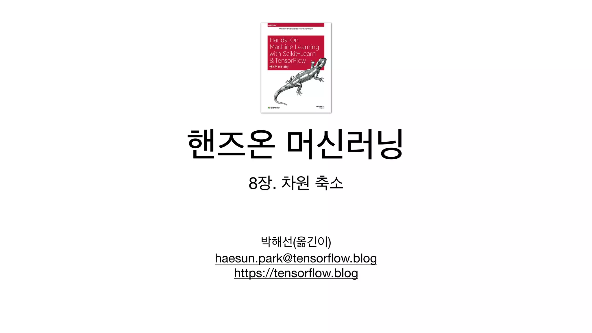 핸즈온 머신러닝
8장. 차원 축소

박해선(옮긴이)

haesun.park@tensorﬂow.blog

https://tensorﬂow.blog
 