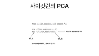 사이킷런의 PCA
자동으로 중앙에 맞춥니다.
(60, 3)(60, 2)
pca.components_ 가 V^T 입니다.
 