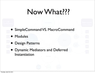 Now What???

                   • SimpleCommand VS. MacroCommand
                   • Modules
                   • Design Patterns
                   • Dynamic Mediators and Deferred
                           Instantiation



Thursday, April 29, 2010
 