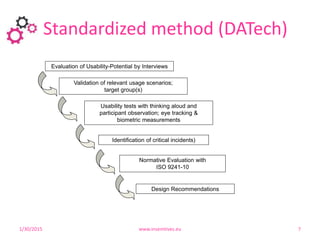 Standardized method (DATech)
13
Usability tests with thinking aloud and
participant observation; eye tracking &
biometric measurements
Identification of critical incidents)
Normative Evaluation with
ISO 9241-10
Design Recommendations
Validation of relevant usage scenarios;
target group(s)
Evaluation of Usability-Potential by Interviews
1/30/2015 www.insemtives.eu 7
 