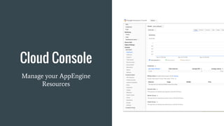 Cloud Console
Manage your AppEngine
Resources
 