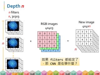 2 3 5 3
5 3 5 5
3 4 5 6
1 2 5 2
2 3 5 3
5 3 5 2
3 4 5 1
3 4 5 2
Depth n
201
0 1 0 1
1 1 0 1
0 0 0 1
0 1 1 1
RGB images
4x4x3
0 0 1 0
1 0 1 1
0 1 0 1
1 0 1 0
0 0 1 1
1 1 1 1
0 1 0 1
0 0 1 0
0 0 1
0 1 0
1 0 0
0 1 0
0 1 0
0 1 0
n filters
n, 3x3x3
1 0 0
0 1 0
0 0 1
2 3 5 3
5 3 5 5
3 4 5 6
1 2 5 2
2 3 5 3
5 3 5 2
3 4 5 1
3 4 5 2
2 3 5 3
5 3 5 2
3 4 5 1
3 4 5 2
2 3 5 3
5 3 5 5
3 4 5 6
1 2 5 2
New image
4x4xn
0 0 1
0 1 0
1 0 0
0 1 0
0 1 0
0 1 0
1 1 0
0 1 0
1 0 1
0 0 1
0 1 0
1 0 0
0 1 0
0 1 0
0 1 0
0 0 1
0 1 0
0 0 1
n * =
如果 filters 都給定了
，那 CNN 是在學什麼？
n
 