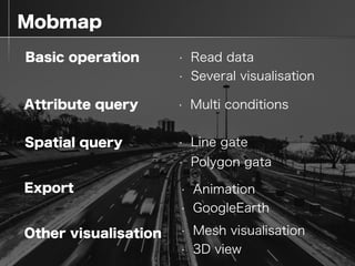  Mobmap
Basic operation
Attribute query
Spatial query
• Read data
• Several visualisation
• Multi conditions
• Line gate
•...