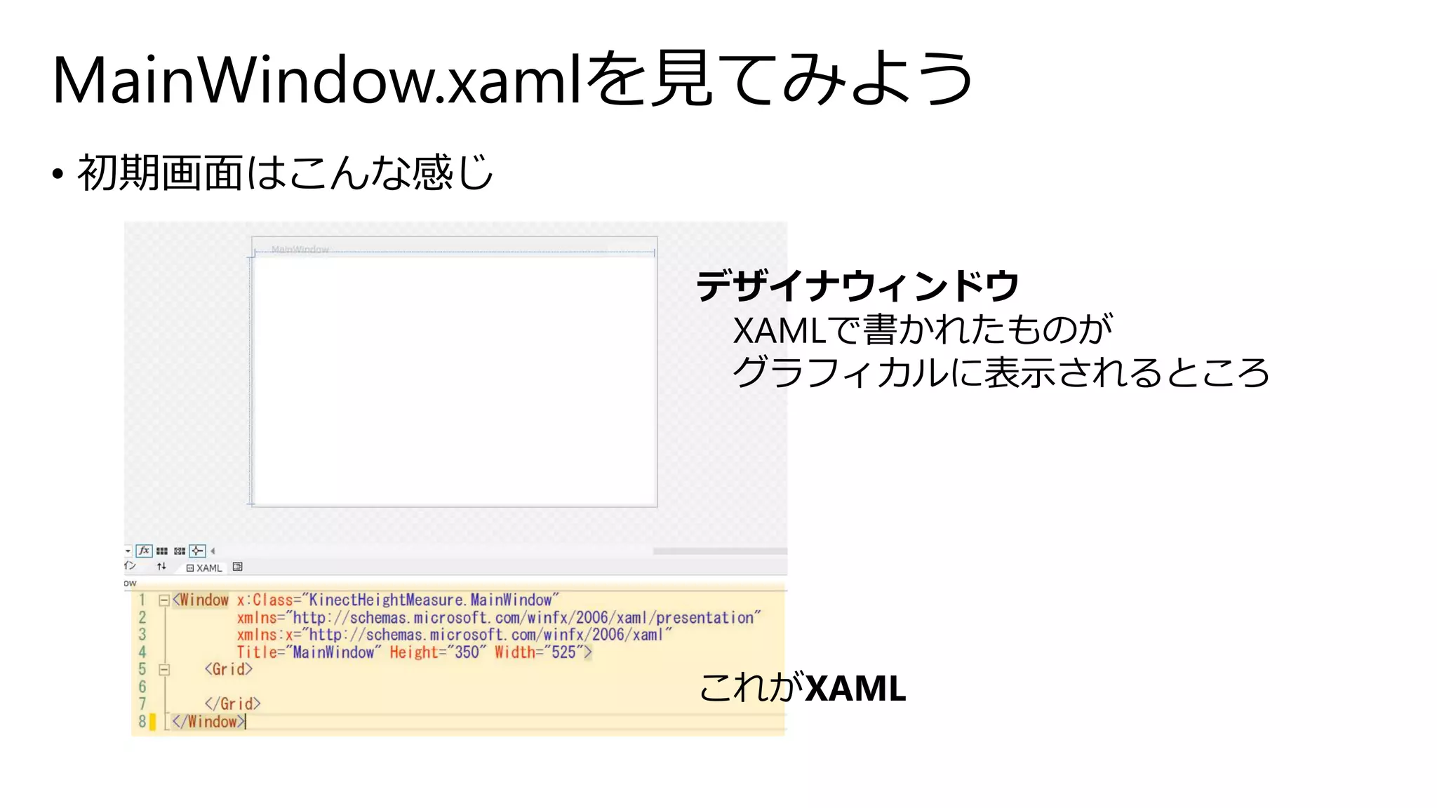 MainWindow.xamlを見てみよう 
• 初期画面はこんな感じ 
デザイナウィンドウ 
XAMLで書かれたものが 
グラフィカルに表示されるところ 
これがXAML 
 