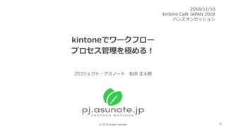 0© 2018 project asunote
kintoneでワークフロー
プロセス管理を極める！
2018/11/10
kintone Café JAPAN 2018
ハンズオンセッション
プロジェクト・アスノート 松田 正太郎
 