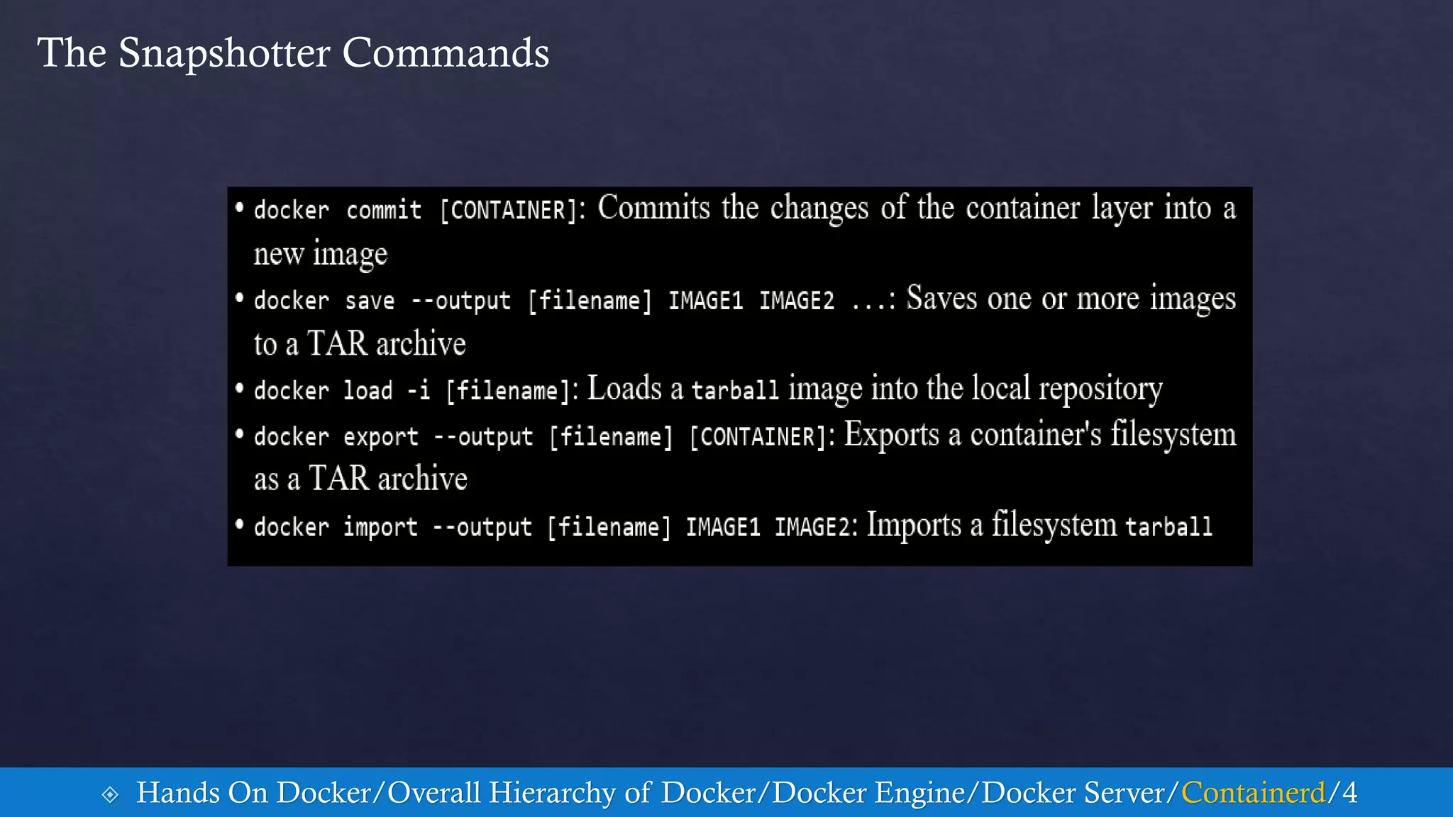 The Snapshotter Commands
 Hands On Docker/Overall Hierarchy of Docker/Docker Engine/Docker Server/Containerd/4
 