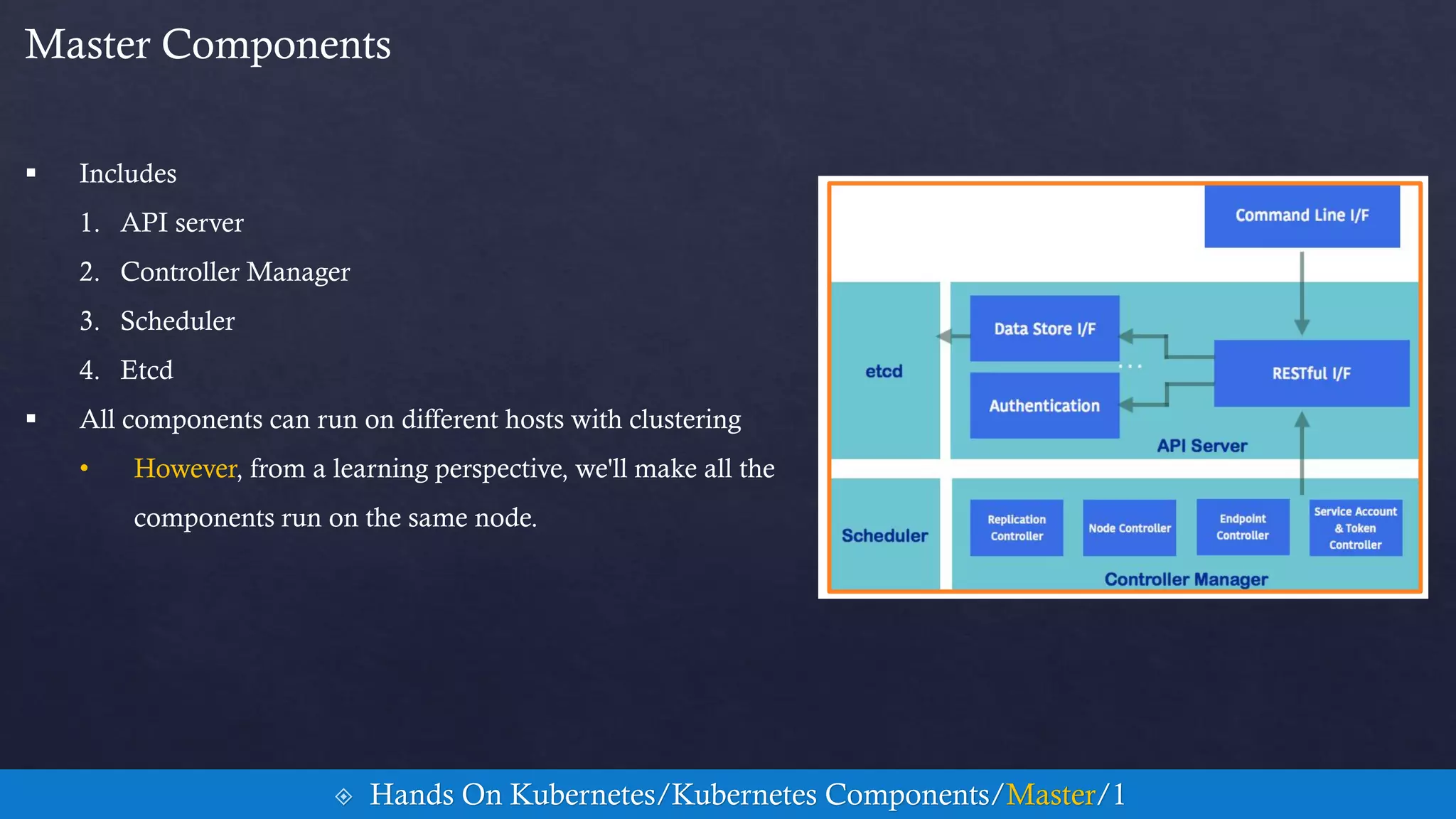 Master Components
 Includes
1. API server
2. Controller Manager
3. Scheduler
4. Etcd
 All components can run on different hosts with clustering
• However, from a learning perspective, we'll make all the
components run on the same node.
 Hands On Kubernetes/Kubernetes Components/Master/1
 