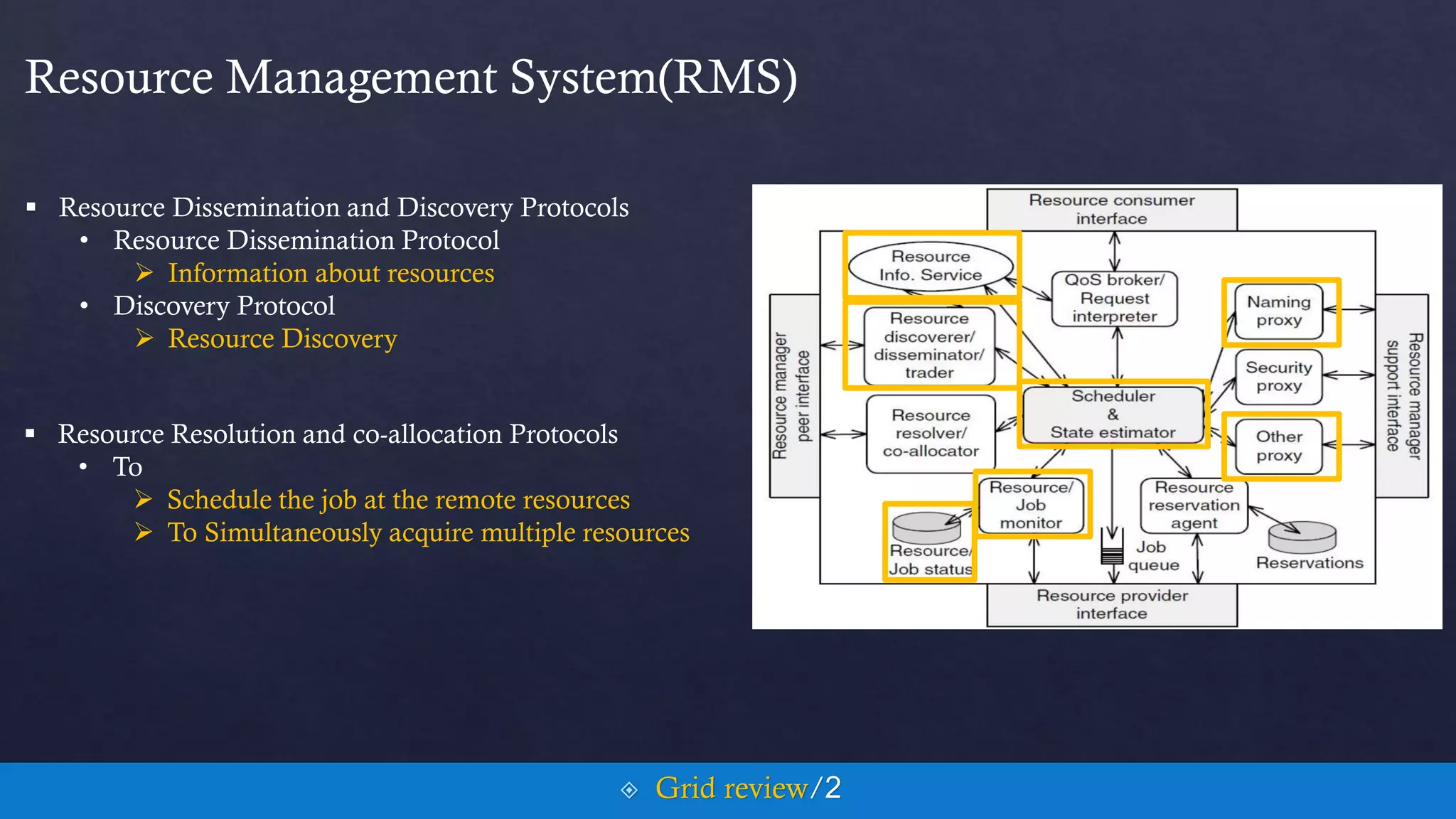Resource Management System(RMS)
 Resource Dissemination and Discovery Protocols
• Resource Dissemination Protocol
 Information about resources
• Discovery Protocol
 Resource Discovery
 Resource Resolution and co-allocation Protocols
• To
 Schedule the job at the remote resources
 To Simultaneously acquire multiple resources
 Grid review/2
 
