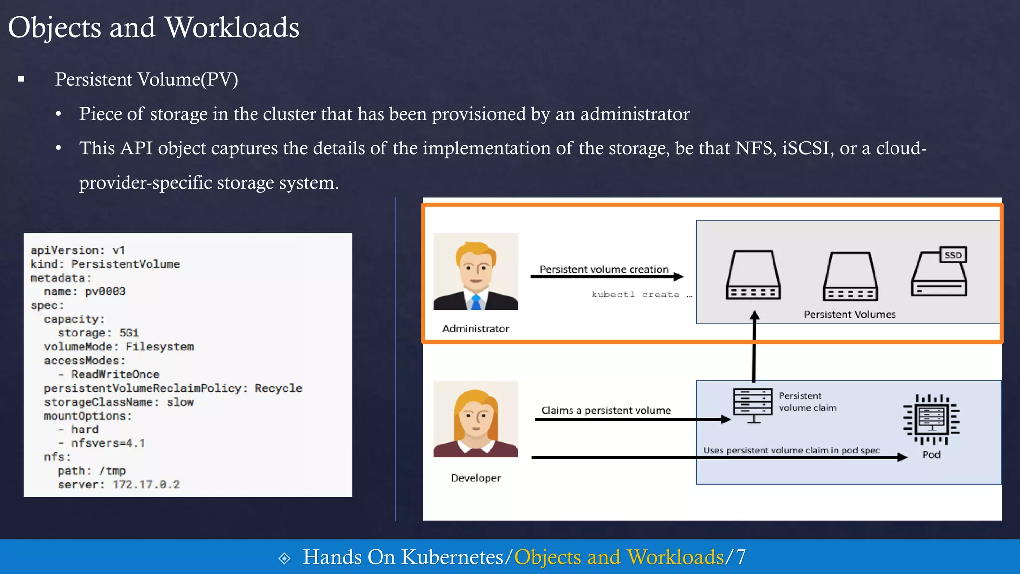  Persistent Volume(PV)
• Piece of storage in the cluster that has been provisioned by an administrator
• This API object captures the details of the implementation of the storage, be that NFS, iSCSI, or a cloud-
provider-specific storage system.
Objects and Workloads
 Hands On Kubernetes/Objects and Workloads/7
 