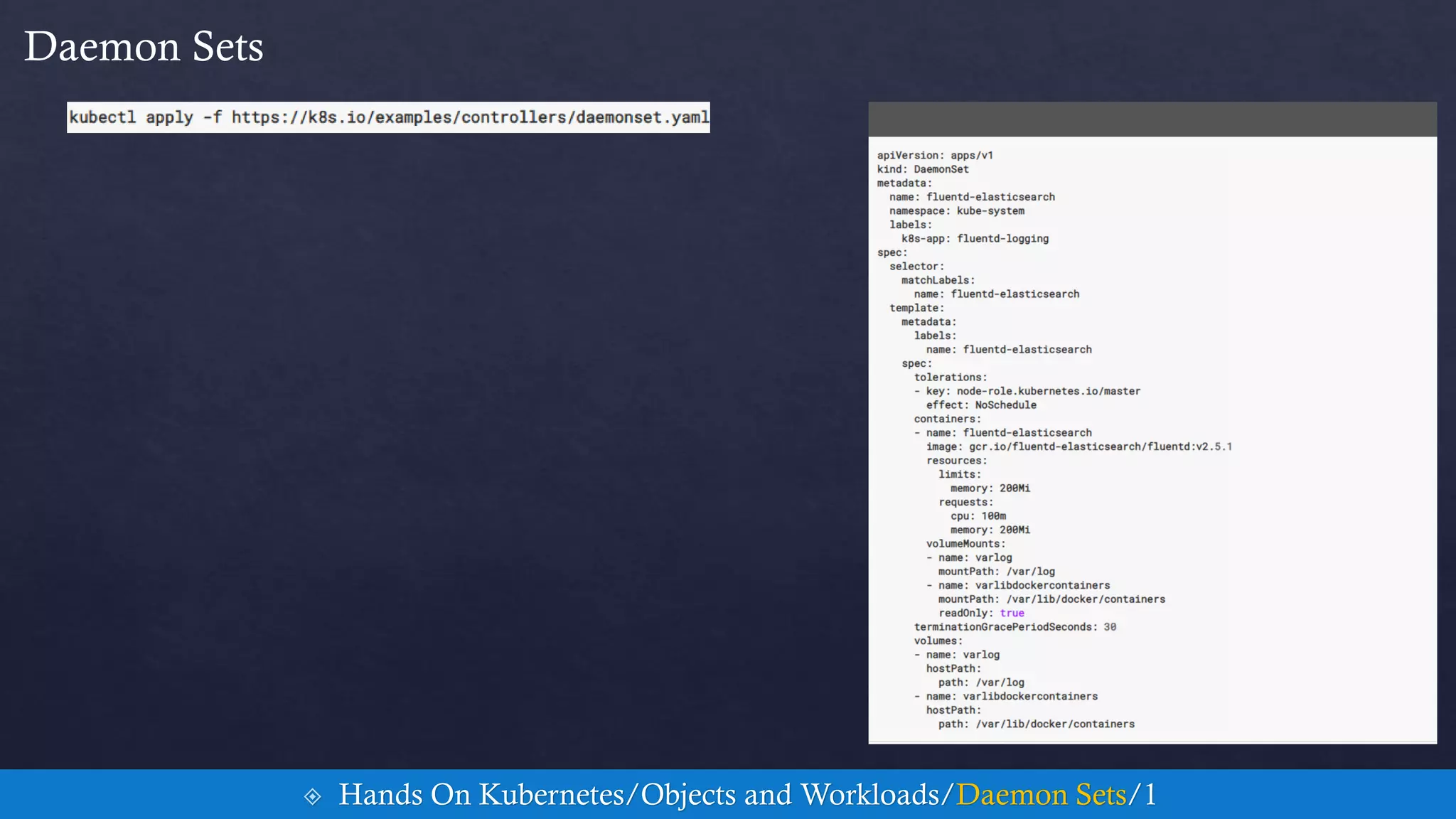 Daemon Sets
 Hands On Kubernetes/Objects and Workloads/Daemon Sets/1
 